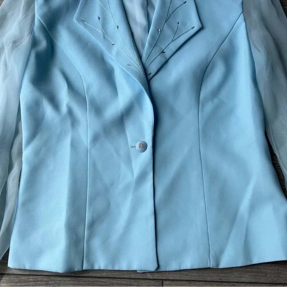 Vintage Lori Ann Blue Sequins Collar Mesh Sleeve Blazer Made in Canada